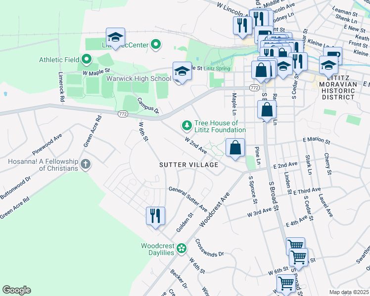 map of restaurants, bars, coffee shops, grocery stores, and more near 525 Spring Avenue in Lititz