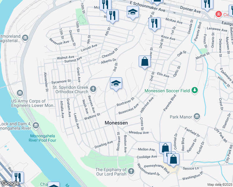 map of restaurants, bars, coffee shops, grocery stores, and more near 1275 Rostraver Street in Monessen