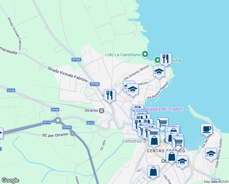 map of restaurants, bars, coffee shops, grocery stores, and more near 29 Via Francesco Sforza in Otranto