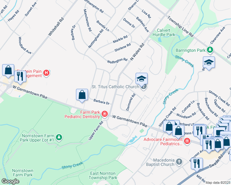 map of restaurants, bars, coffee shops, grocery stores, and more near 2929 North Wales Road in Norristown