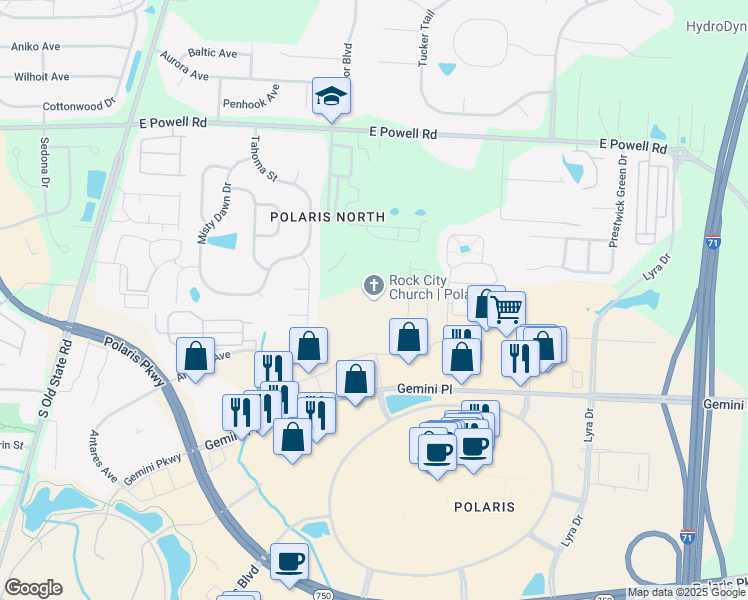 map of restaurants, bars, coffee shops, grocery stores, and more near 1250 Gemini Place in Columbus