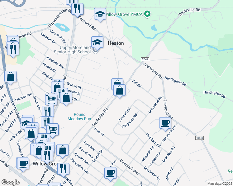 map of restaurants, bars, coffee shops, grocery stores, and more near 1 Brooks Street in Willow Grove