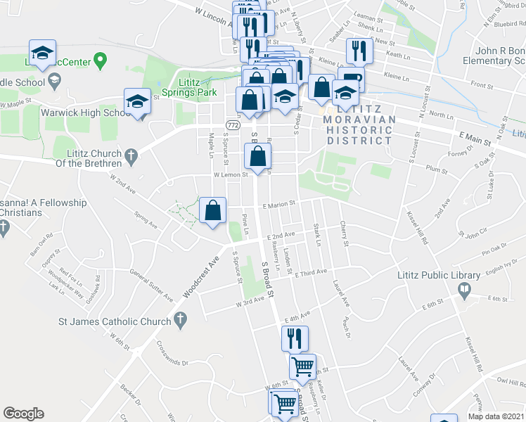 map of restaurants, bars, coffee shops, grocery stores, and more near 243 South Broad Street in Lititz