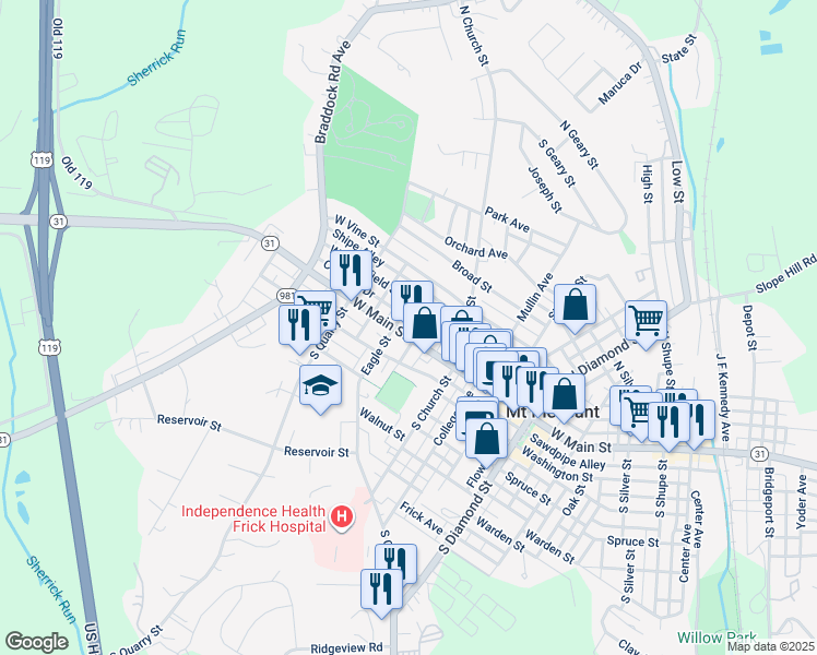 map of restaurants, bars, coffee shops, grocery stores, and more near 767 West Smithfield Street in Mount Pleasant