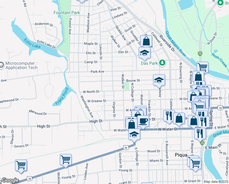 map of restaurants, bars, coffee shops, grocery stores, and more near 606 Virginia Street in Piqua