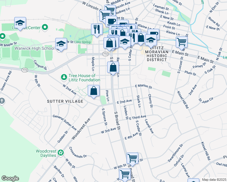 map of restaurants, bars, coffee shops, grocery stores, and more near 243 South Broad Street in Lititz