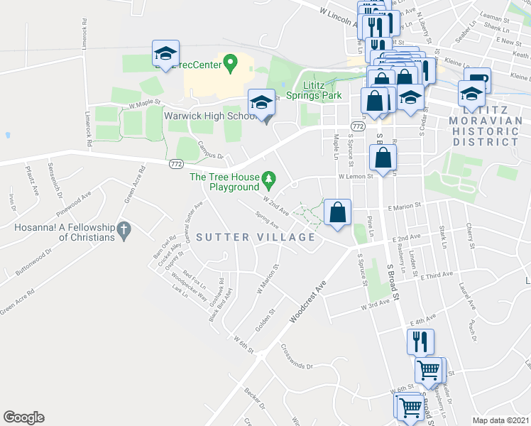 map of restaurants, bars, coffee shops, grocery stores, and more near 525 Spring Avenue in Lititz