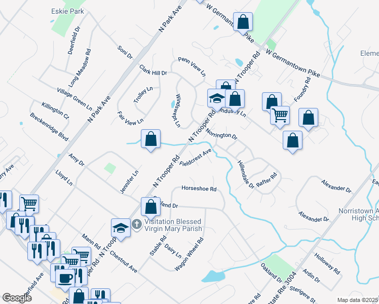 map of restaurants, bars, coffee shops, grocery stores, and more near 2514 Rockwood Drive in Norristown