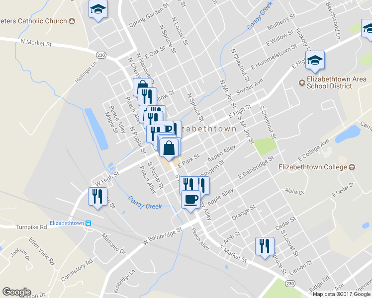 map of restaurants, bars, coffee shops, grocery stores, and more near 58 Vine Alley in Elizabethtown