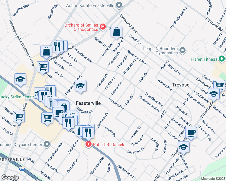 map of restaurants, bars, coffee shops, grocery stores, and more near 1434 Center Avenue in Feasterville-Trevose