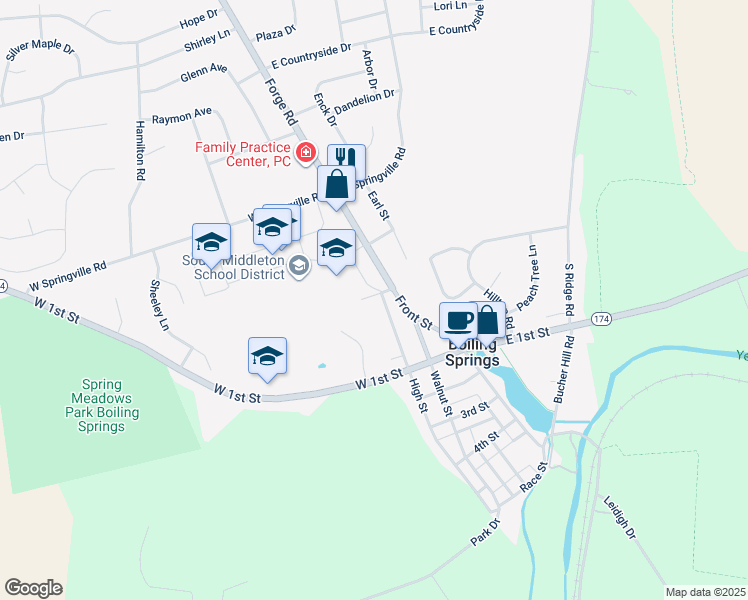 map of restaurants, bars, coffee shops, grocery stores, and more near 1 High Street in Boiling Springs