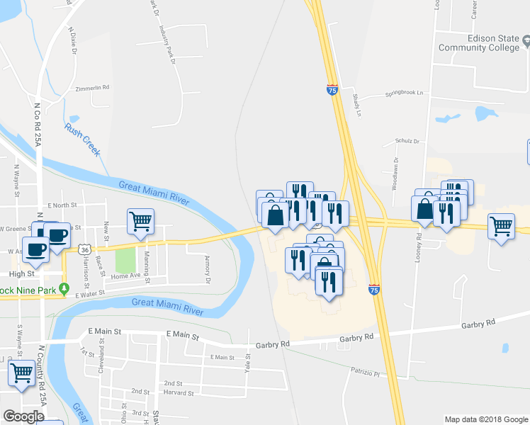 map of restaurants, bars, coffee shops, grocery stores, and more near 950 East Ash Street in Piqua