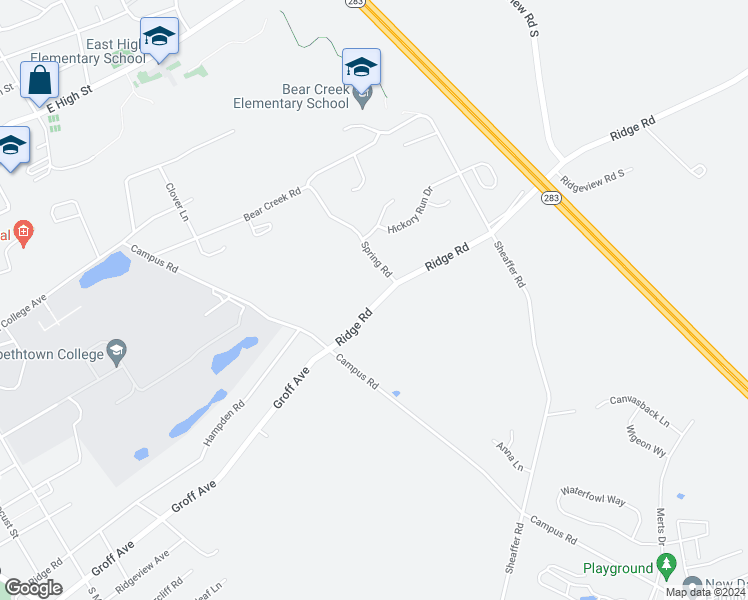 map of restaurants, bars, coffee shops, grocery stores, and more near 1057 Ridge Road in Elizabethtown