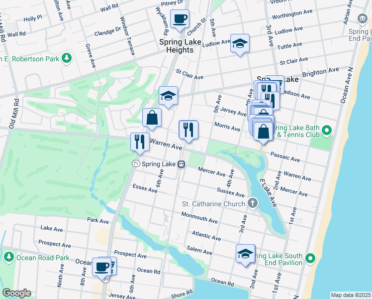 map of restaurants, bars, coffee shops, grocery stores, and more near 550 Warren Avenue in Spring Lake