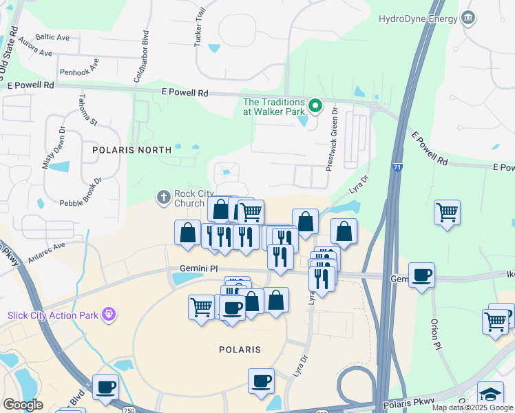 map of restaurants, bars, coffee shops, grocery stores, and more near Mercury Street in Columbus