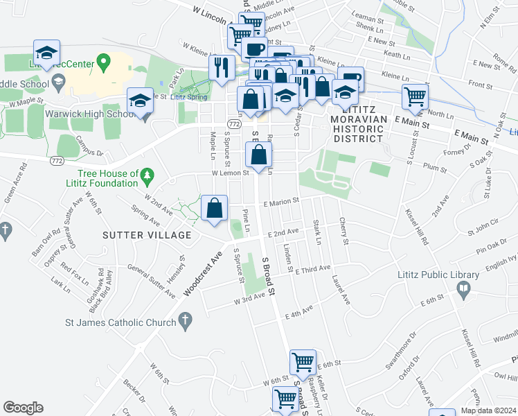 map of restaurants, bars, coffee shops, grocery stores, and more near 301 South Broad Street in Lititz