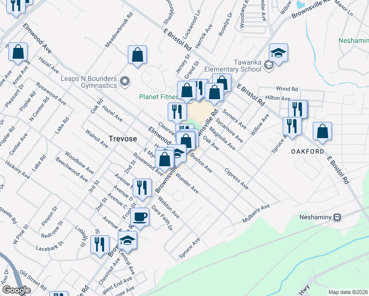 map of restaurants, bars, coffee shops, grocery stores, and more near 659 Clearview Avenue in Feasterville-Trevose