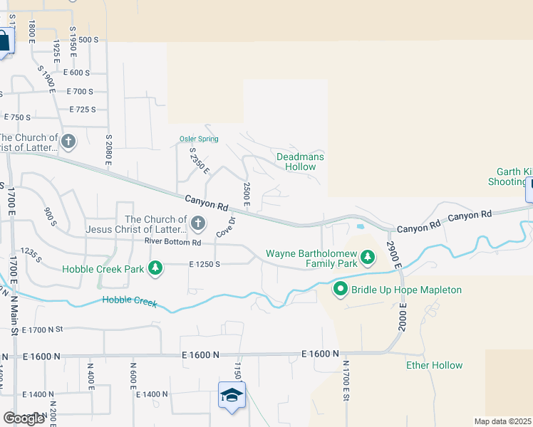 map of restaurants, bars, coffee shops, grocery stores, and more near 2575 Canyon Road in Springville