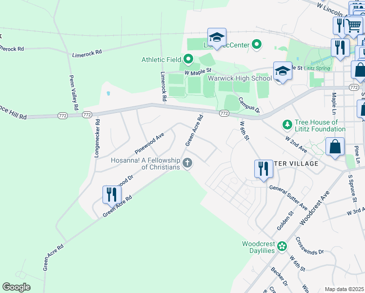 map of restaurants, bars, coffee shops, grocery stores, and more near 18 Green Acre Road in Lititz