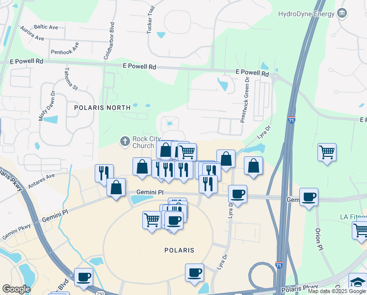 map of restaurants, bars, coffee shops, grocery stores, and more near 1526 Halo Street in Columbus