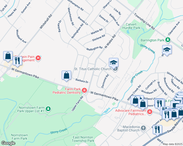 map of restaurants, bars, coffee shops, grocery stores, and more near 2929 North Wales Road in Norristown