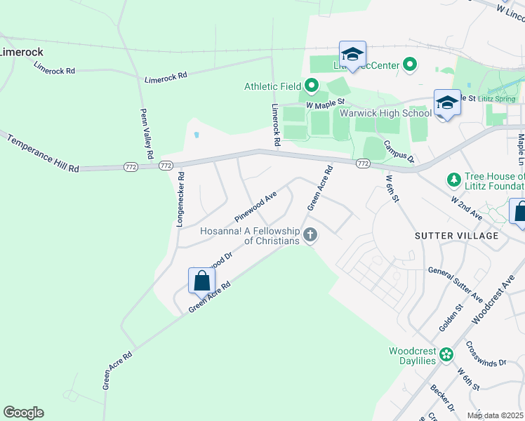 map of restaurants, bars, coffee shops, grocery stores, and more near 26 Pinewood Avenue in Lititz