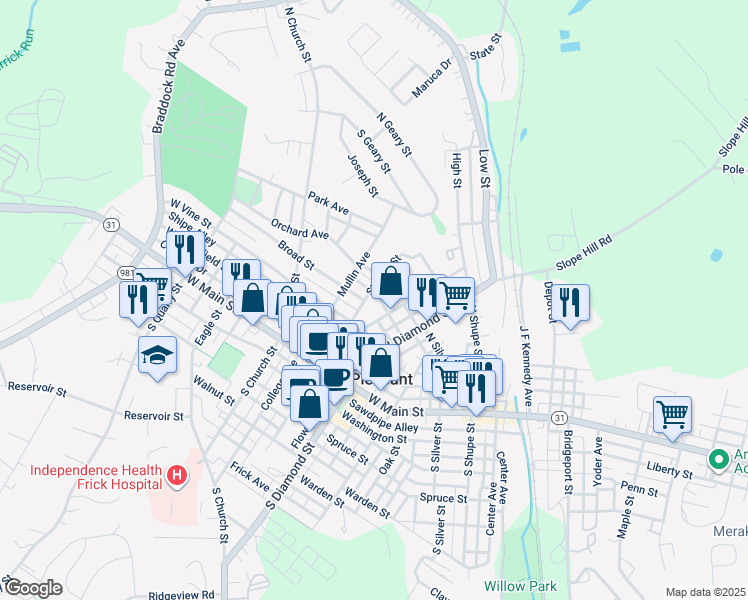 map of restaurants, bars, coffee shops, grocery stores, and more near 140 Saint Clair Street in Mount Pleasant