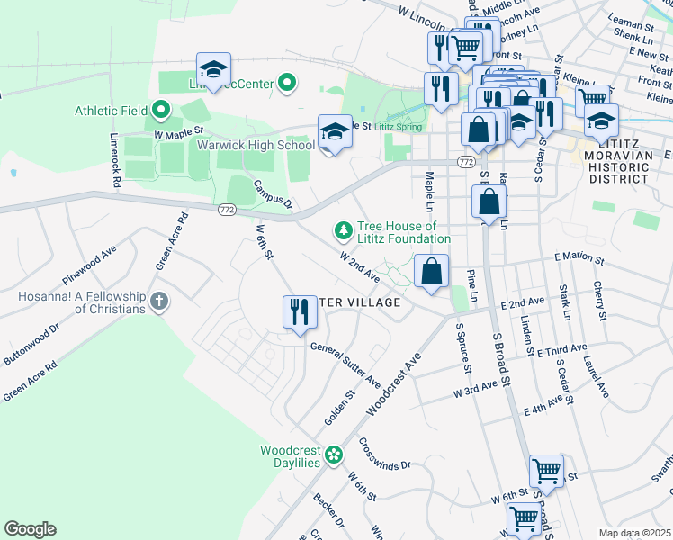 map of restaurants, bars, coffee shops, grocery stores, and more near 527 Spring Avenue in Lititz