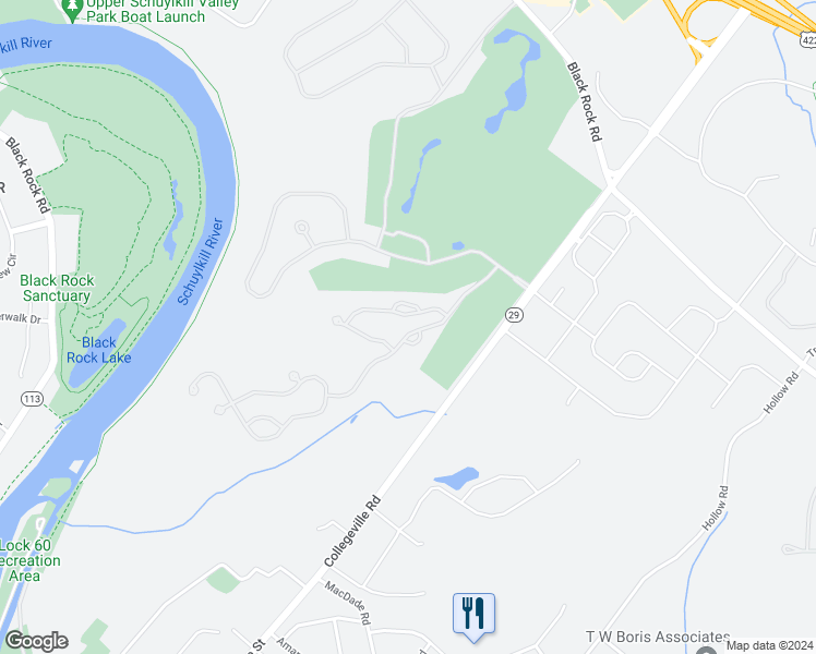 map of restaurants, bars, coffee shops, grocery stores, and more near 21 Eagle Road in Phoenixville