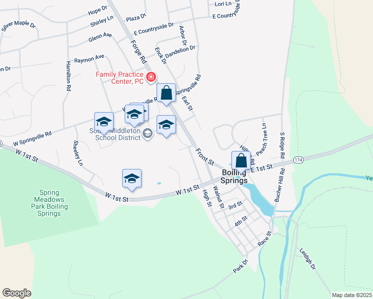 map of restaurants, bars, coffee shops, grocery stores, and more near 1 High Street in Boiling Springs