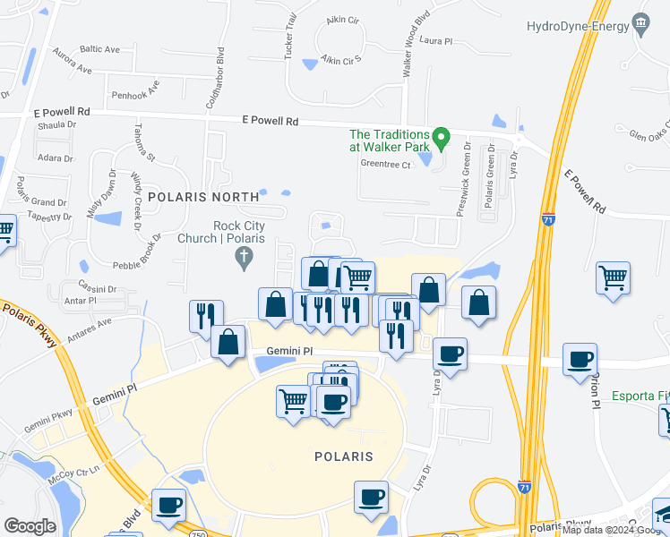 map of restaurants, bars, coffee shops, grocery stores, and more near 1455 Halo Street in Columbus