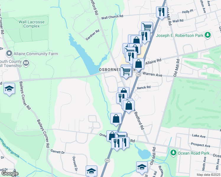 map of restaurants, bars, coffee shops, grocery stores, and more near 72 South Manor Court in Wall Township
