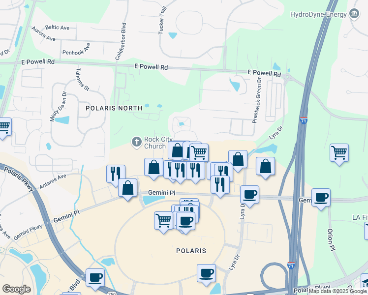 map of restaurants, bars, coffee shops, grocery stores, and more near 1401 Halo Street in Columbus