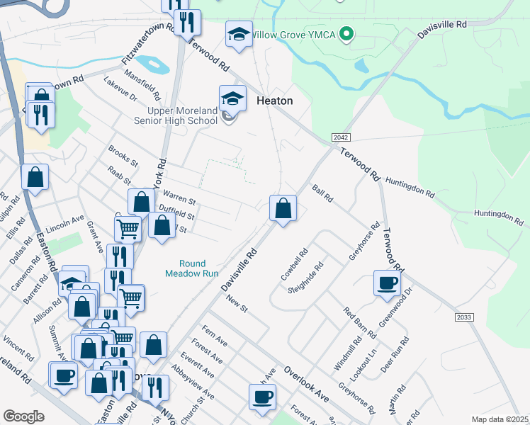 map of restaurants, bars, coffee shops, grocery stores, and more near 1 Brooks Street in Willow Grove