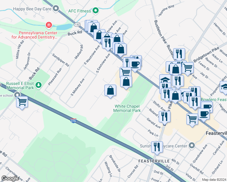 map of restaurants, bars, coffee shops, grocery stores, and more near 100-1098 E Pennsylvania Blvd in Feasterville-Trevose