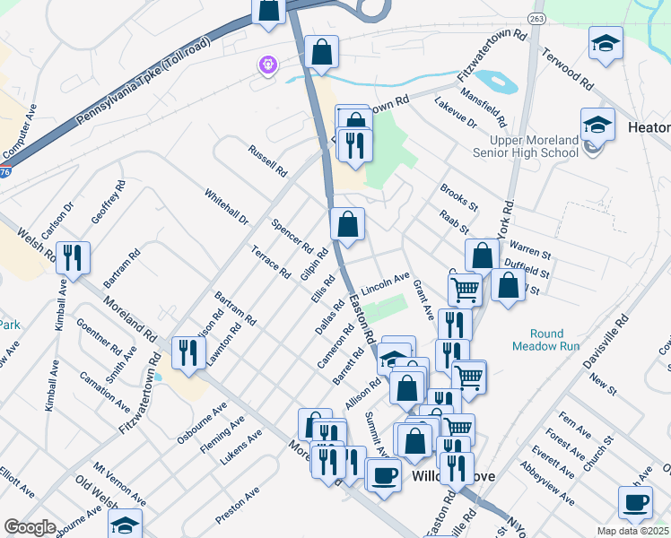map of restaurants, bars, coffee shops, grocery stores, and more near 804A Easton Road in Willow Grove