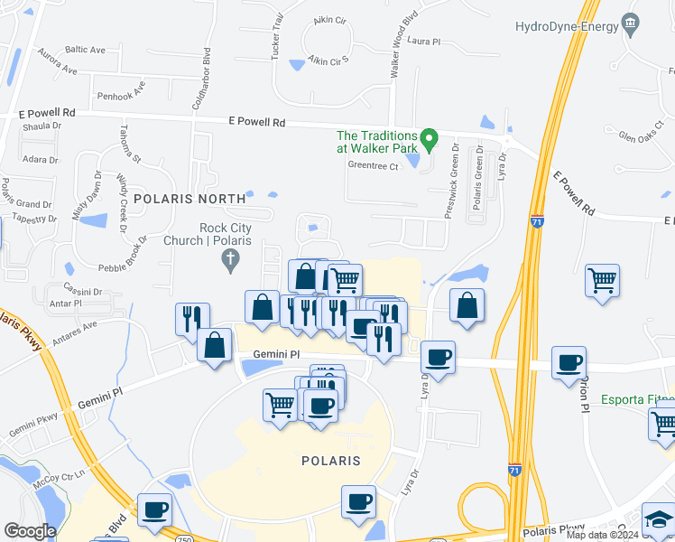 map of restaurants, bars, coffee shops, grocery stores, and more near 1428 Lakes Circle Drive in Columbus