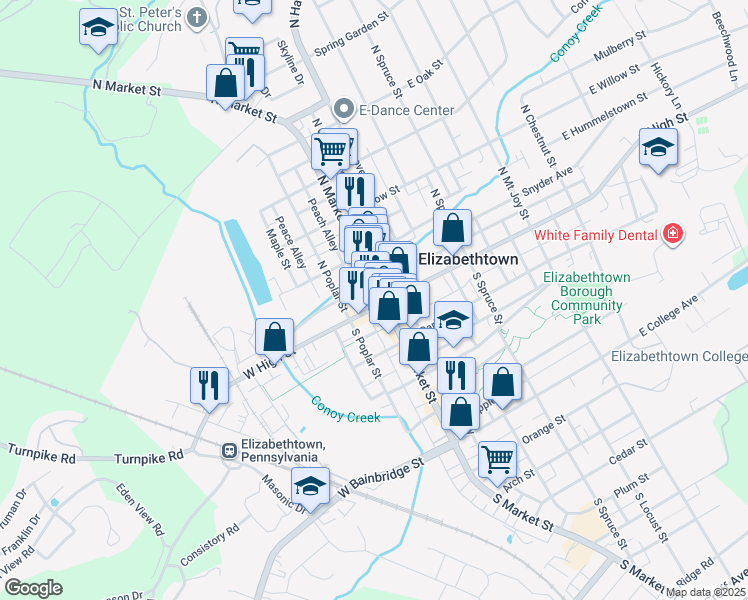 map of restaurants, bars, coffee shops, grocery stores, and more near 15 North Market Street in Elizabethtown