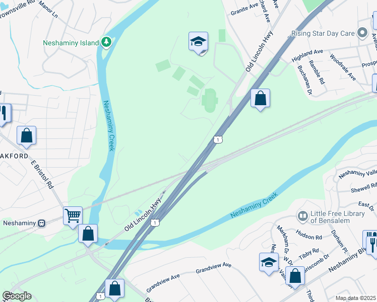 map of restaurants, bars, coffee shops, grocery stores, and more near 2139 Old Lincoln Highway in Langhorne