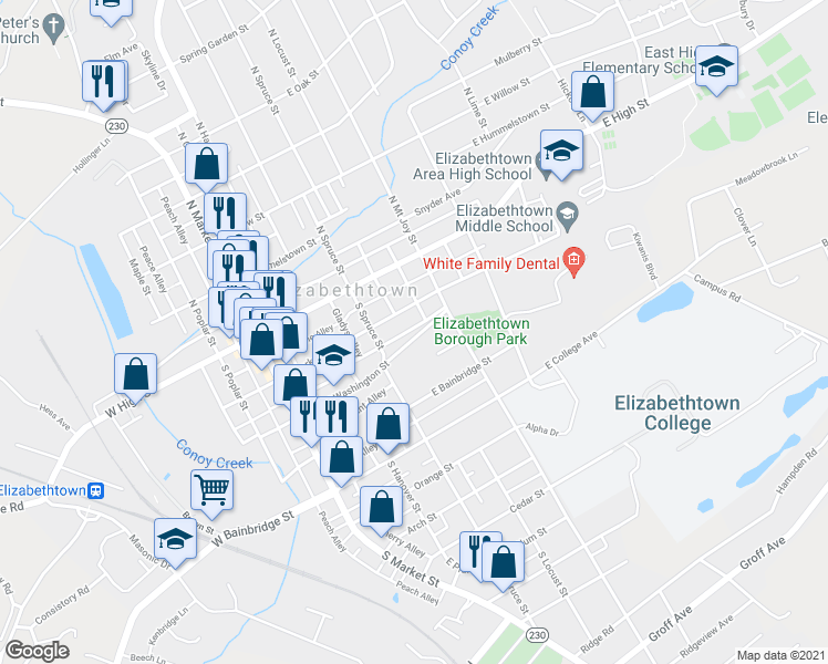 map of restaurants, bars, coffee shops, grocery stores, and more near 311 East Washington Street in Elizabethtown