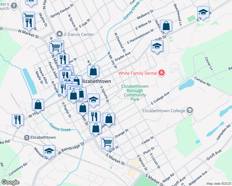map of restaurants, bars, coffee shops, grocery stores, and more near 311 East Washington Street in Elizabethtown