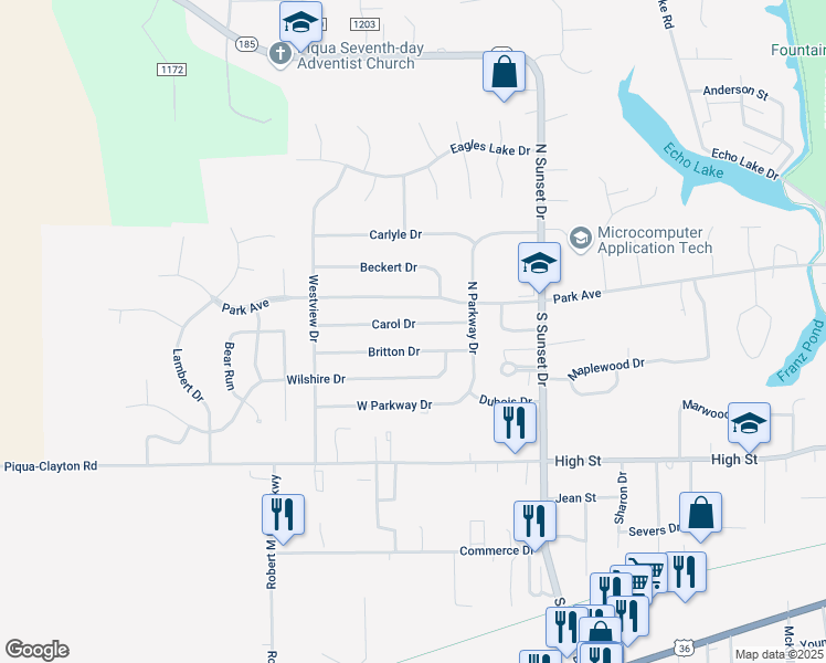map of restaurants, bars, coffee shops, grocery stores, and more near 1816 Carol Drive in Piqua