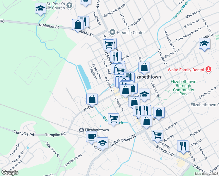 map of restaurants, bars, coffee shops, grocery stores, and more near 38 North Poplar Street in Elizabethtown