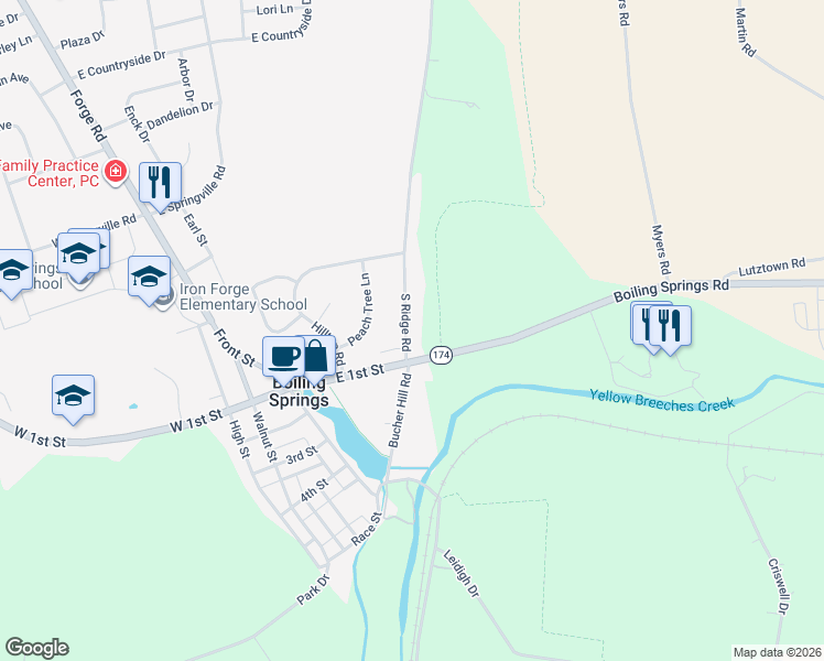 map of restaurants, bars, coffee shops, grocery stores, and more near 8 South Ridge Road in Boiling Springs