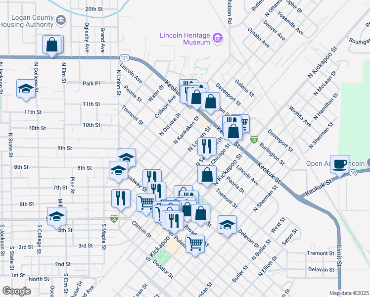 map of restaurants, bars, coffee shops, grocery stores, and more near 410 North Kankakee Street in Lincoln