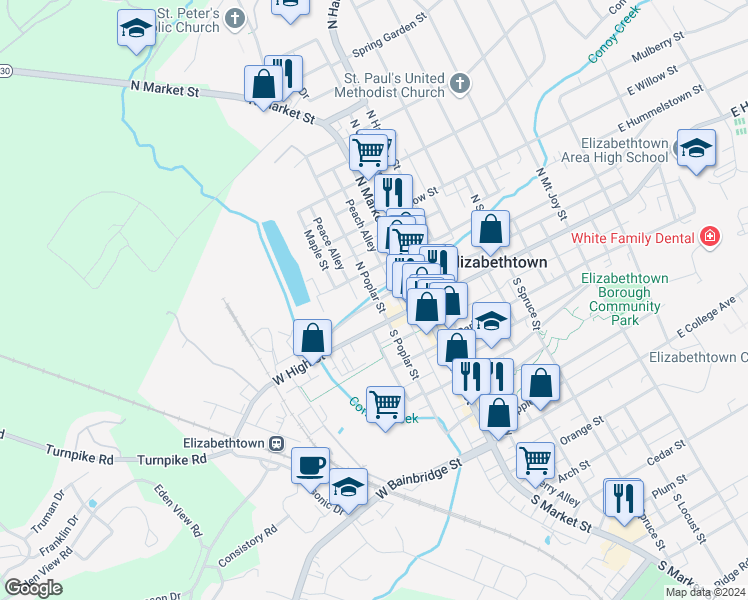 map of restaurants, bars, coffee shops, grocery stores, and more near 36 North Poplar Street in Elizabethtown
