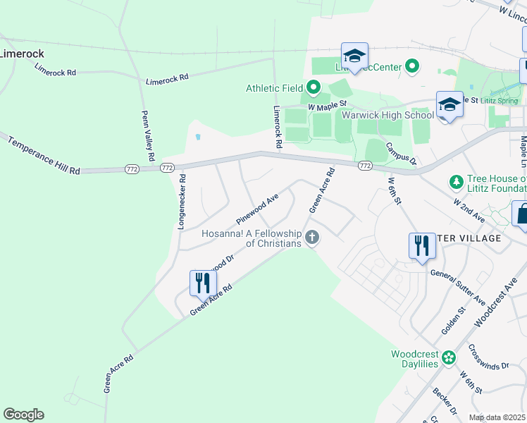 map of restaurants, bars, coffee shops, grocery stores, and more near 26 Pinewood Avenue in Lititz