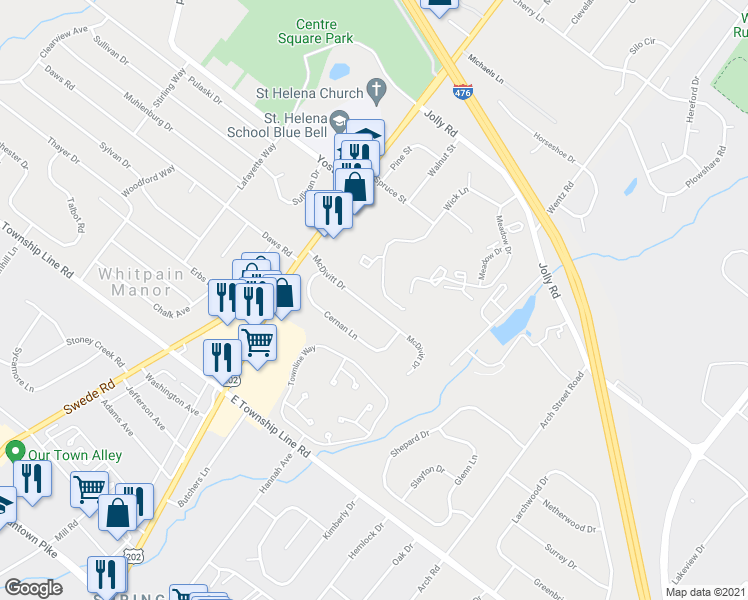 map of restaurants, bars, coffee shops, grocery stores, and more near 1335 McDivitt Drive in Blue Bell