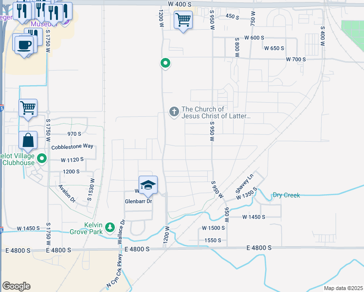 map of restaurants, bars, coffee shops, grocery stores, and more near 1097 1000 South in Springville