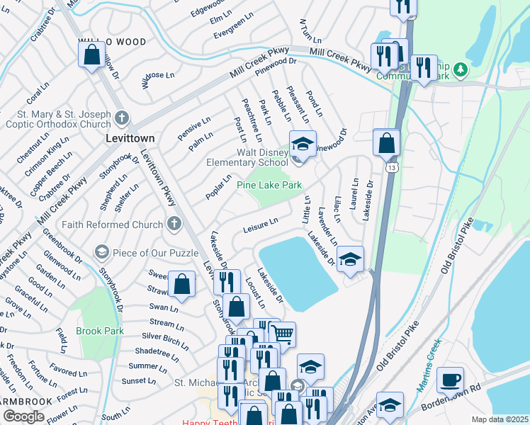 map of restaurants, bars, coffee shops, grocery stores, and more near 142 Lakeside Drive in Levittown